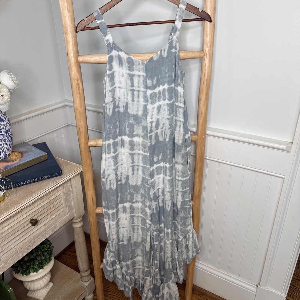 Joyana Grey White Tie Dye Ruffle Hem Wide Leg Jumpsuit XS Bohemian Summer